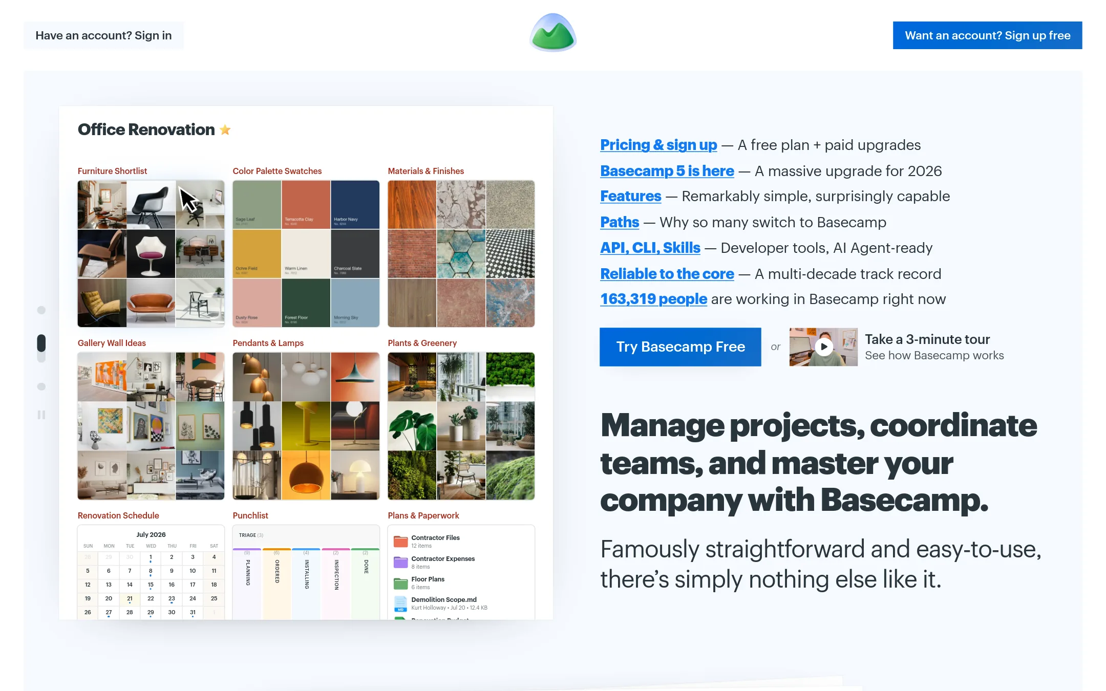 Basecamp homepage