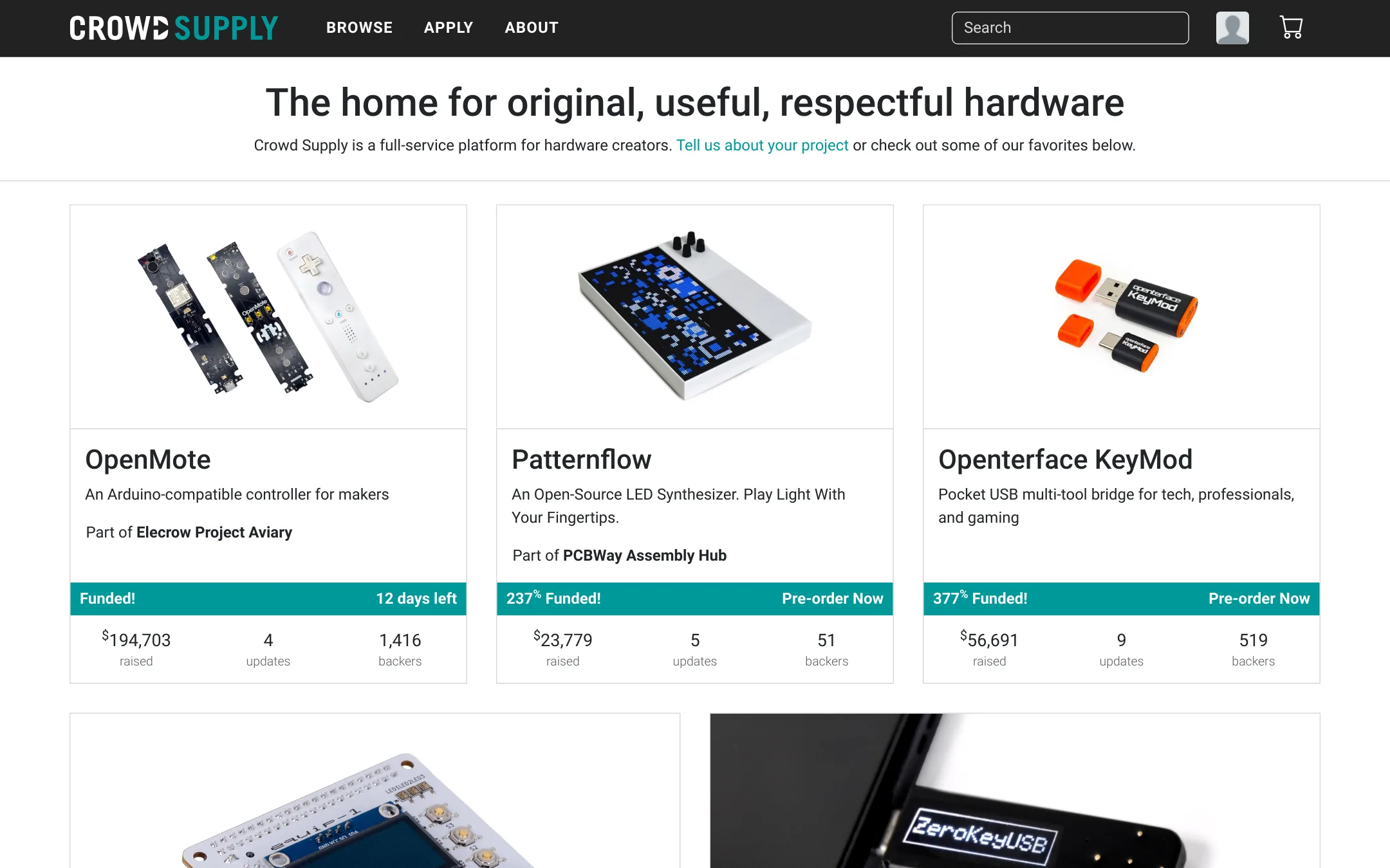 Crowd Supply homepage