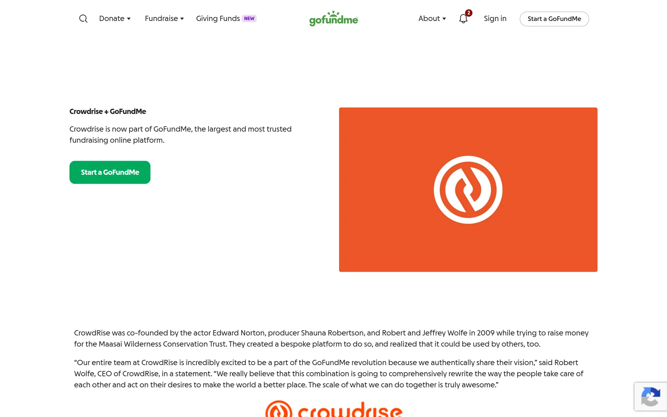 Crowdrise homepage