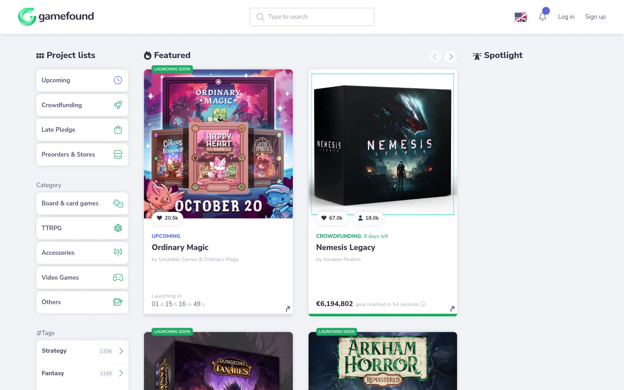 Gamefound homepage