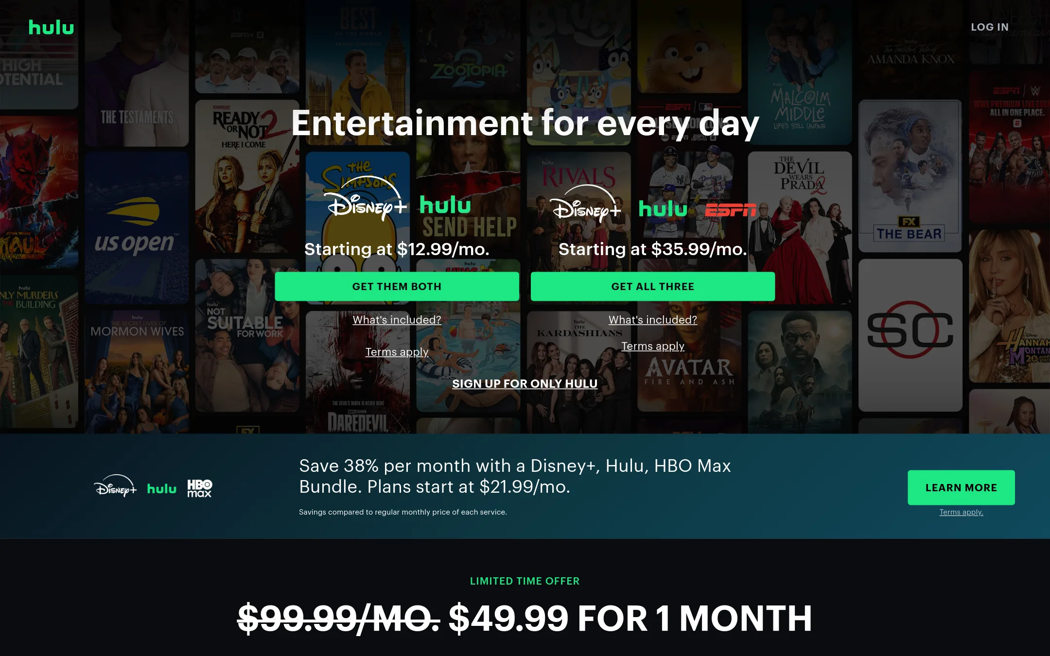 Hulu + Live TV homepage
