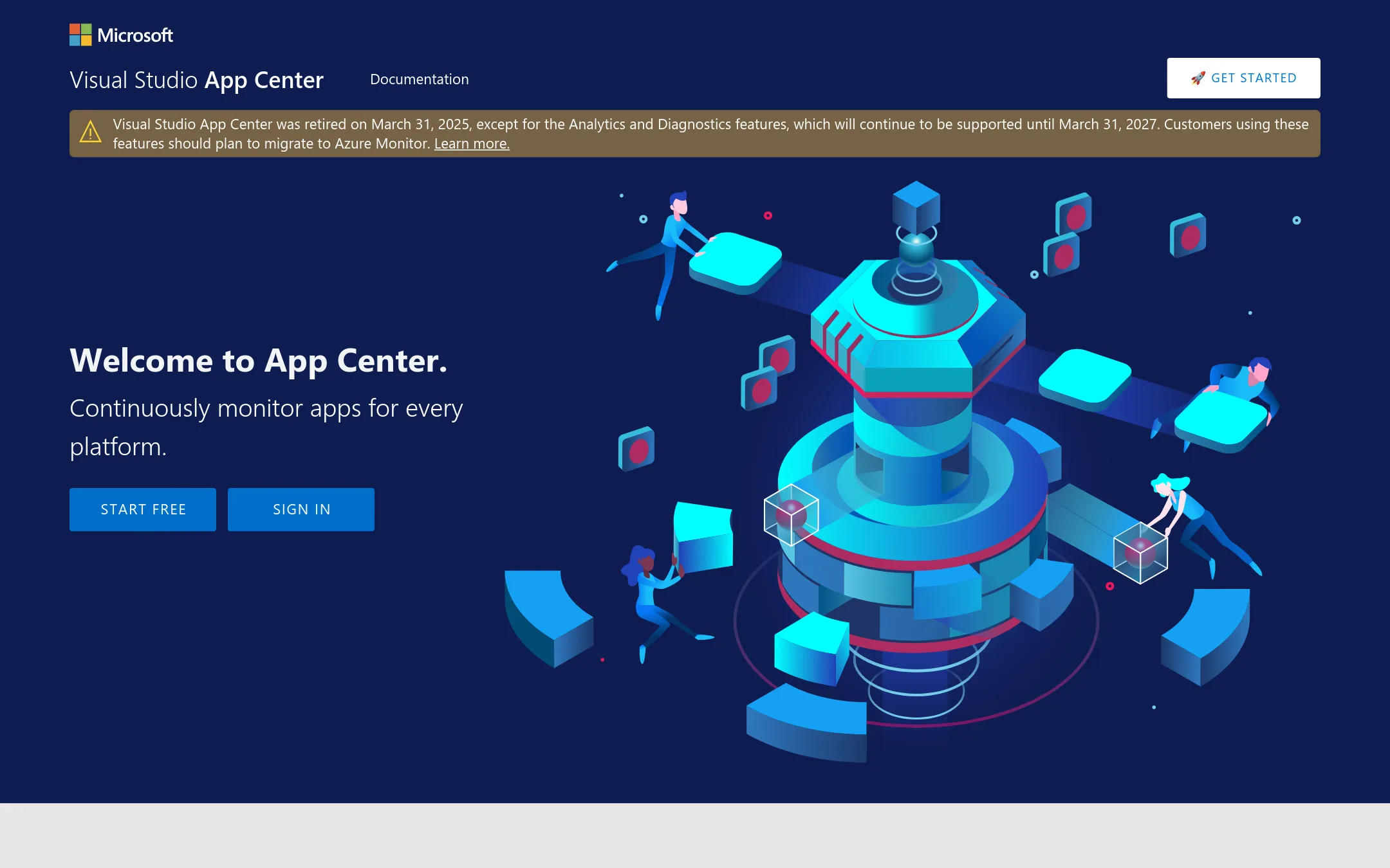 Microsoft Visual Studio App Center homepage