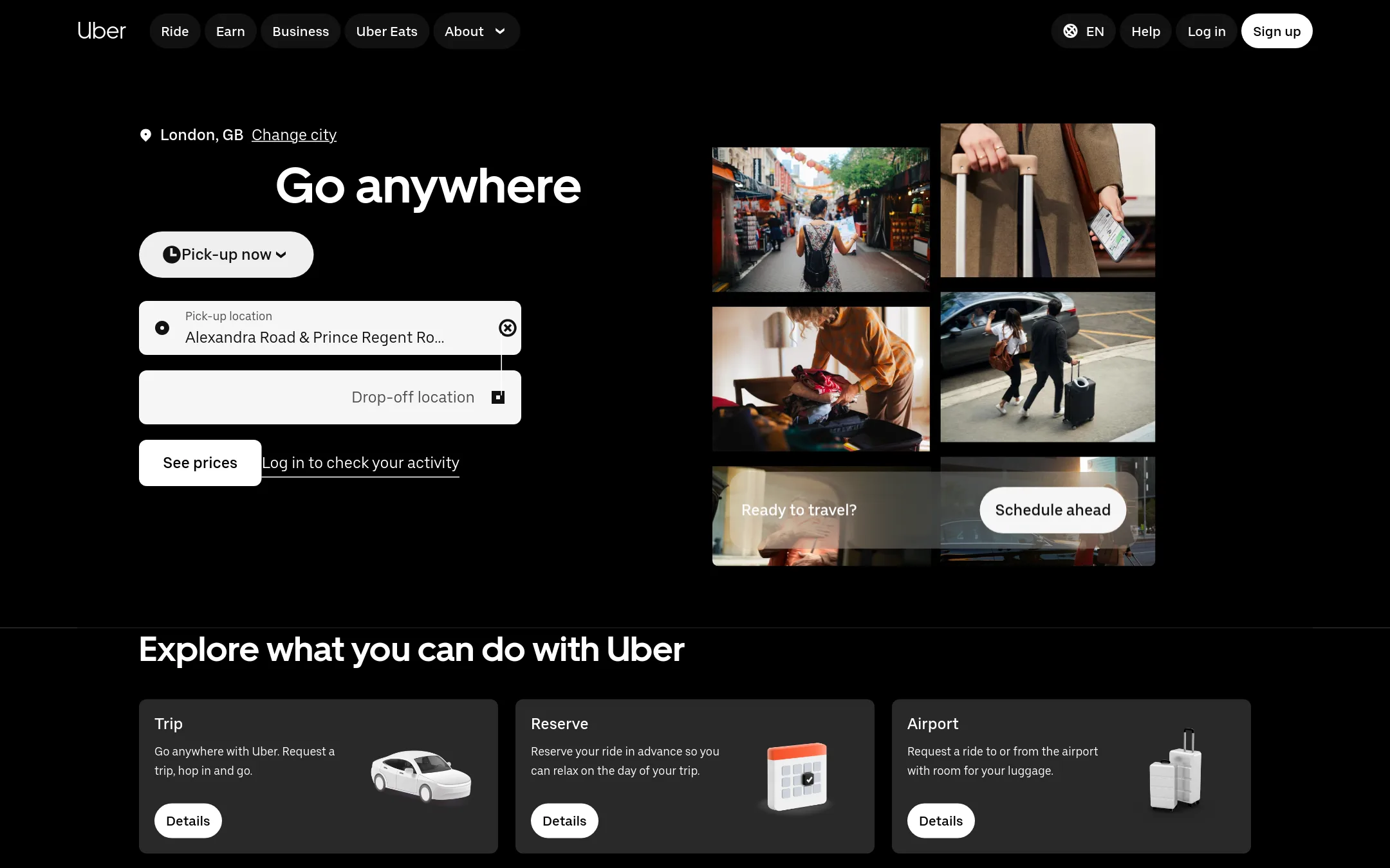 Uber homepage